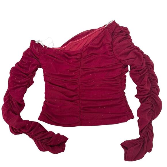 Lulus Popular Sparkle Wine Red Rhinestone Asymmetrical Crop Top size S NWT - Picture 2 of 6